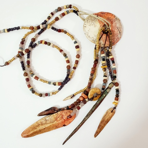 Artisan Beaded Polymer Earthy Tassel Necklace - Picture 5 of 6